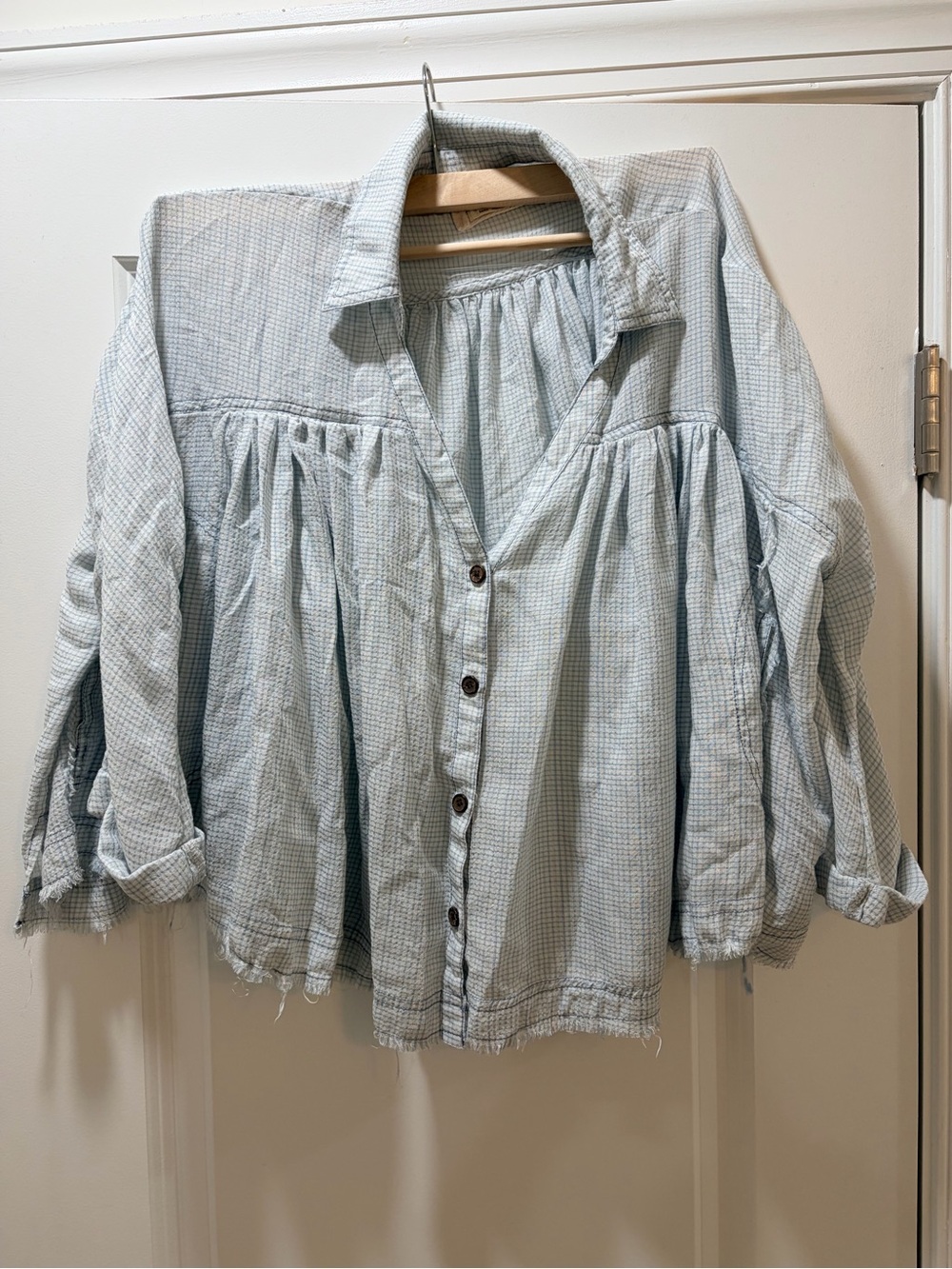 We The Free Pale Blue Button-Front Cotton Peasant Blouse